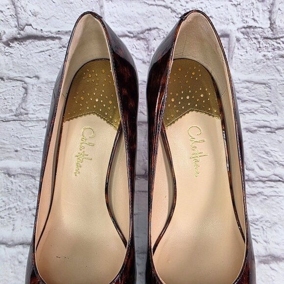 Cole Haan Womens Carma Peep Toe Heels Sz 8 B Patent Leather Tortoise Air Sole - Picture 5 of 14